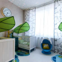 Üç çocuk için çocuk odası: imar, düzenleme ipuçları, mobilya seçimi, aydınlatma ve dekor-5