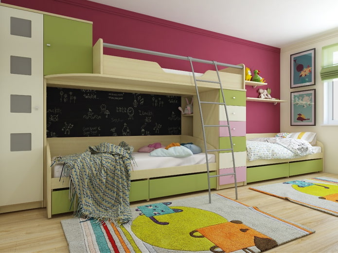 Barns rum för tre barn: zonering, arrangemangstips, val av möbler, belysning och dekor