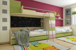 Børneværelse til tre børn: zoneinddeling, tip til arrangementer, valg af møbler, belysning og indretning