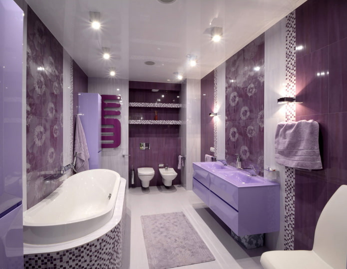 Phòng tắm màu tím và màu hoa cà: kết hợp, trang trí, nội thất, hệ thống ống nước và trang trí