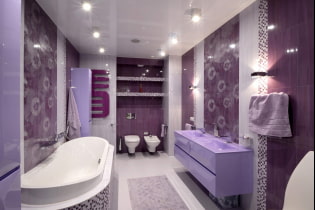 Bilik mandi ungu dan ungu: gabungan, hiasan, perabot, paip dan hiasan