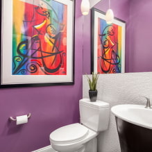Bilik mandi ungu dan ungu: gabungan, hiasan, perabot, paip dan hiasan-1