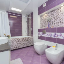 Violetinė ir alyvinė vonios kambarys: deriniai, apdaila, baldai, santechnika ir dekoras-8