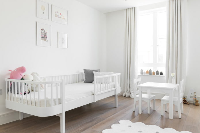Παιδικό δωμάτιο σε λευκό: συνδυασμοί, επιλογή στυλ, διακόσμηση, έπιπλα και διακόσμηση