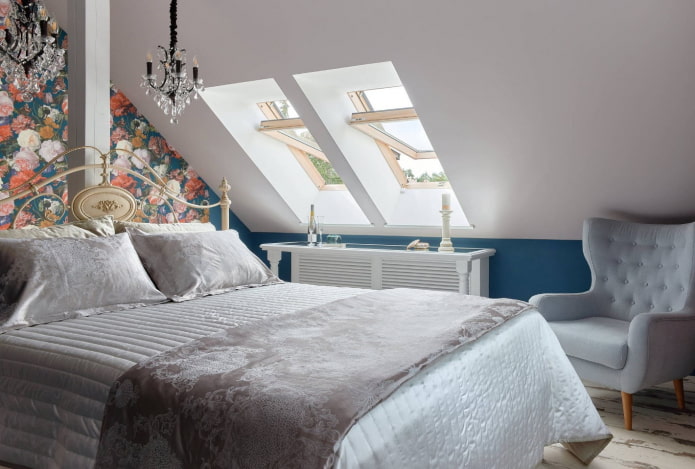 Phòng ngủ gác mái: phân vùng và bố trí, màu sắc, phong cách, trang trí, đồ nội thất và rèm cửa