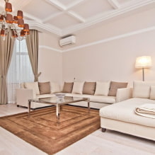 Dzīvojamā istaba smilškrāsas krāsās: apdares materiālu, mēbeļu, tekstilizstrādājumu, kombināciju un stilu izvēle-8