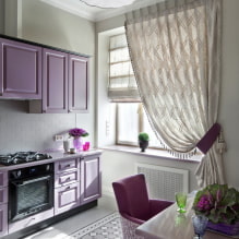 Fiolett kjøkken: fargekombinasjoner, valg av gardiner, dekorasjon, tapet, møbler, belysning og dekor-3