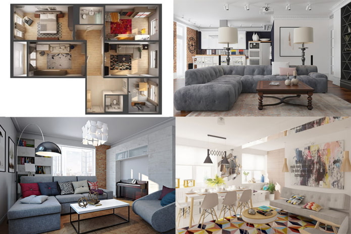 Progettazione di un appartamento di quattro stanze: layout, 3 progetti, foto