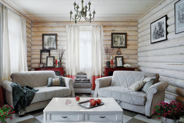 Das Innere des Hauses aus einem Baumstamm: Fotos in den Zimmern, Stilen, Dekoration, Möbeln, Textilien und Dekor