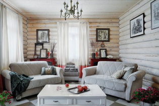 Bahagian dalam rumah dari log: foto di bilik, gaya, hiasan, perabot, tekstil dan hiasan
