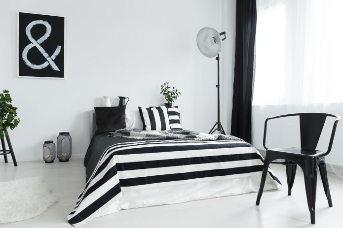 Црно-бела спаваћа соба: дизајнерске карактеристике, избор намештаја и декора