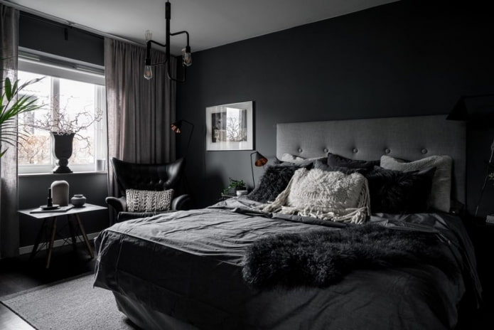 Siyah yatak odası: iç mekandaki fotoğraflar, tasarım özellikleri, kombinasyonlar
