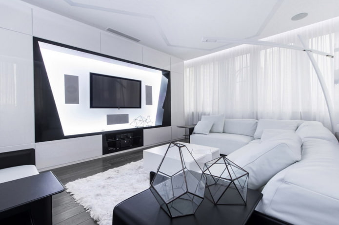 Černobílý obývací pokoj: designové prvky, skutečné příklady v interiéru