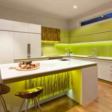 Hellgrüne Küche: Kombinationen, Auswahl an Vorhängen und Oberflächen, Auswahl an Foto-1