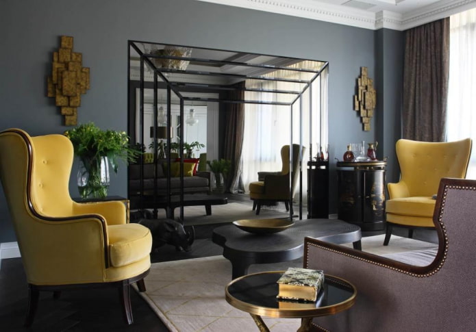 Saló a l’estil d’Art Deco: l’encarnació del luxe i la comoditat a l’interior