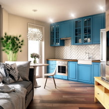 Design av kjøkken-stue 20 kvm. m. - foto i interiøret, eksempler på zoning-7