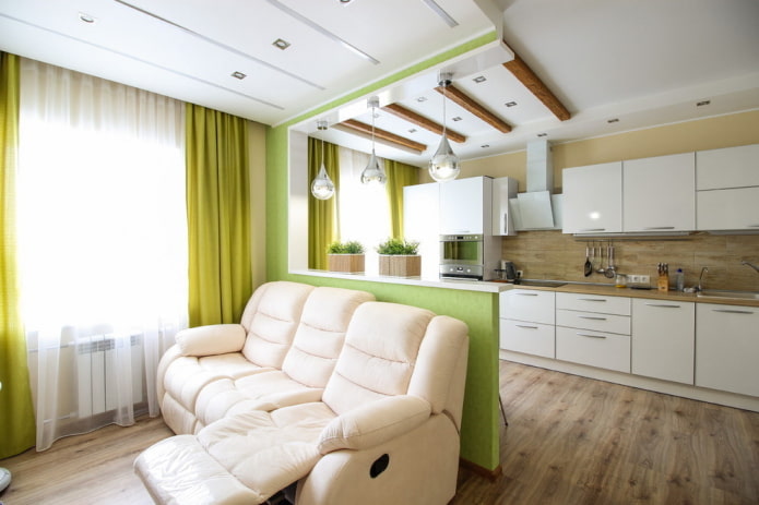Diseño de cocina-sala de estar 20 sq. m. - foto en el interior, ejemplos de zonificación