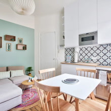 Pequena cozinha, sala de estar: foto no interior, layout e design-2