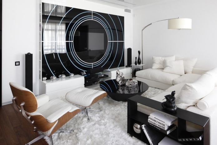 Características do design da sala de estar em estilo de alta tecnologia (46 fotos)