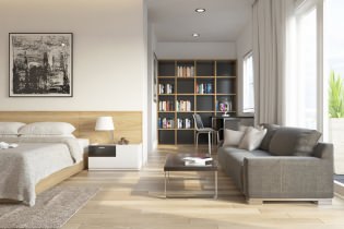 Design av stue, soverom og studie i ett rom