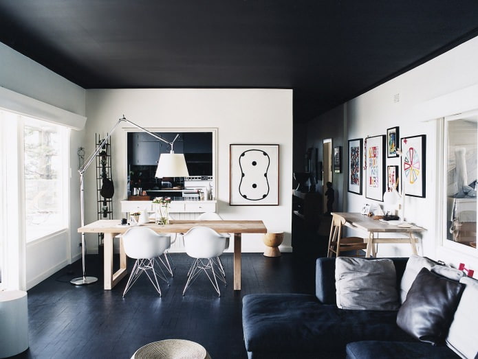 Черен таван в стаята: дизайнерски функции, дизайн, видове, комбинации, снимки