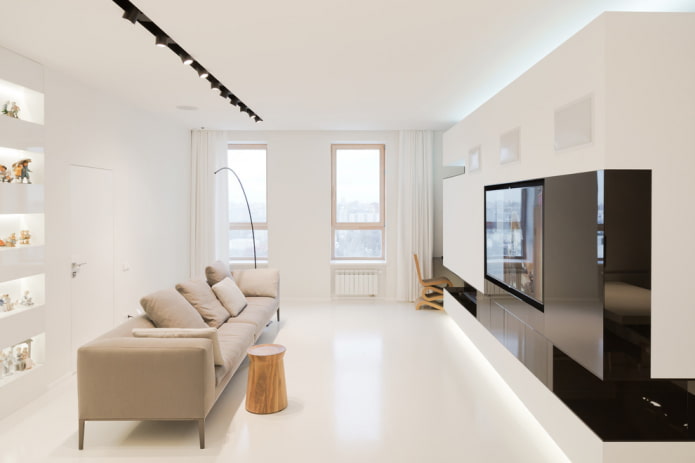 Vitt golv i interiören: typer, design, kombination med färg på väggar, tak, dörrar, möbler