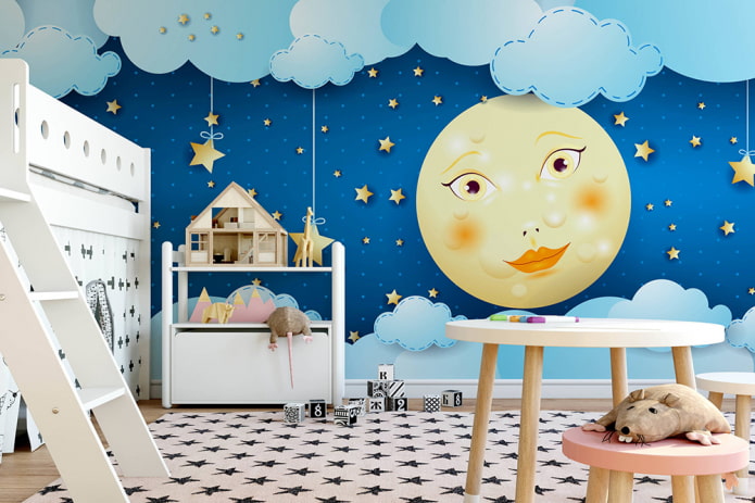 Photowall-paper in a nursery: drawings for girls, boys, examples in various styles and colors