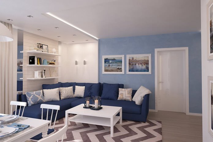 Dzīvojamās istabas interjers zilos toņos: funkcijas, fotoattēli