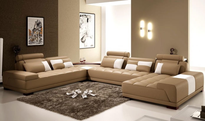 The interior of the living room in brown tones: features, photo