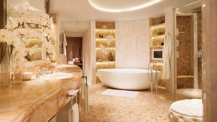 Design de interiores de casa de banho na cor ouro
