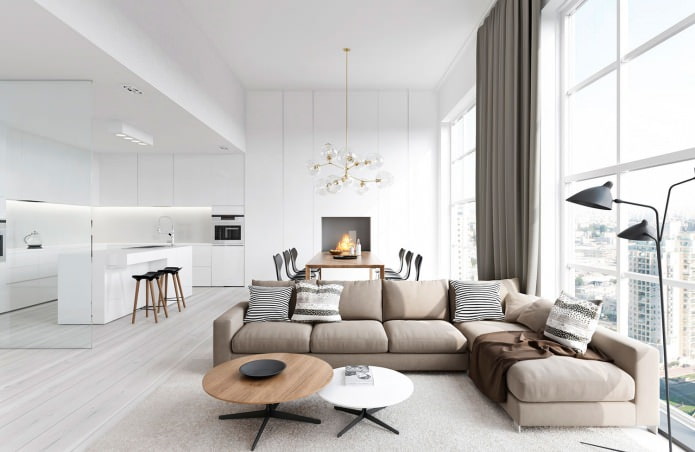 Virtuve-dzīvojamā istaba baltā krāsā: funkcijas, foto