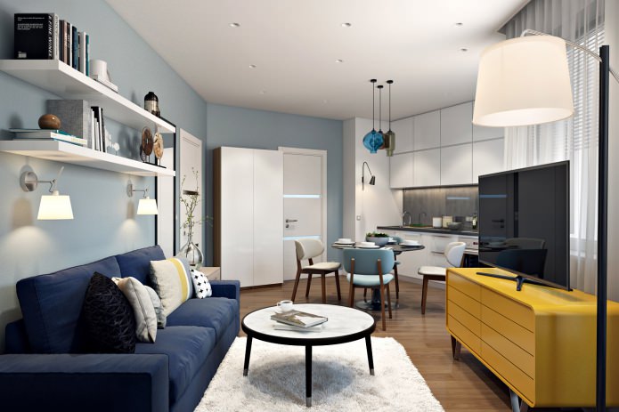 Návrh moderního malého bytu o rozloze 41 metrů čtverečních. m
